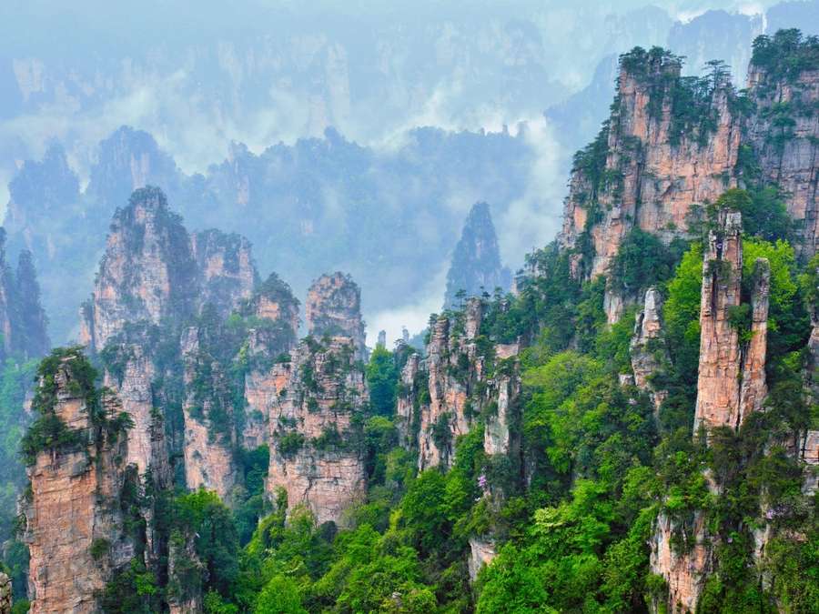 Pilares de roca cubiertos de vegetación en el Parque Nacional de Zhangjiajie